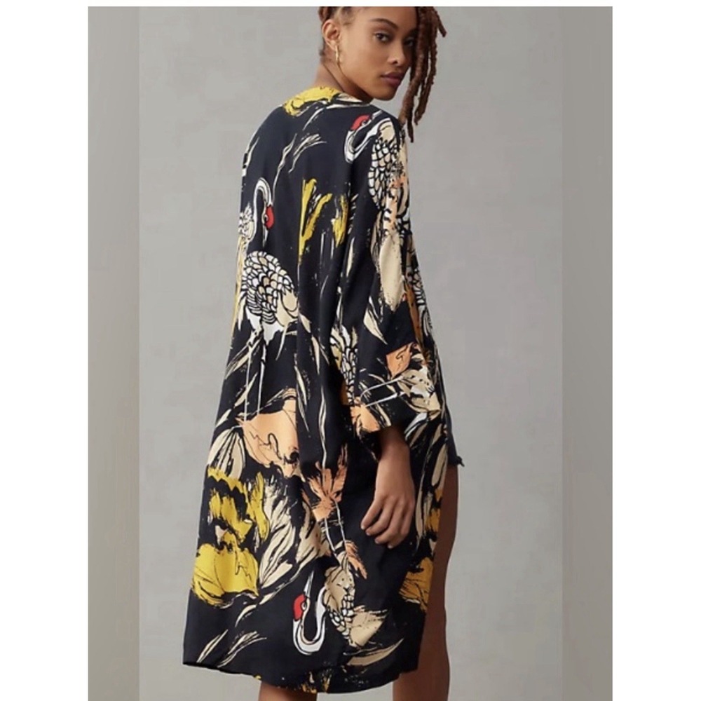 Bel Kazan Kimono Robe Women OS Black Crane Print Rayon Duster BaliAnthropologie